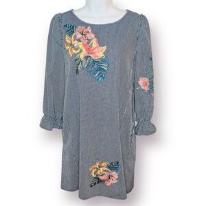 Philosophy Blue Stripe Cotton Floral Embroidered Dress Sequin Accents Pockets S